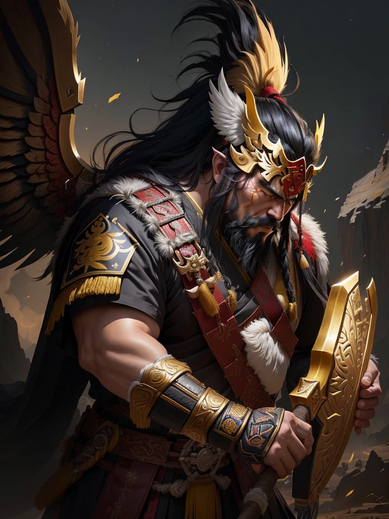 Man with a big axe and a winged head, Inspired by Hu Zaobin, Portrait of a berserker, Guan Yu, Bianlian, sun Wukong, Mongolia, Inspired by the Yellow God, Inspired by Li Gonglin, tai warlord, Inspired by Woo Bin, Wukong, Inspired by Lee Kang, naranbaatar ganbold