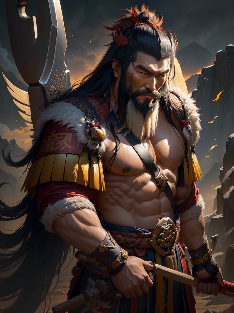 Man with a big axe and a winged head, Inspired by Hu Zaobin, Portrait of a berserker, Guan Yu, Bianlian, sun Wukong, Mongolia, Inspired by the Yellow God, Inspired by Li Gonglin, tai warlord, Inspired by Woo Bin, Wukong, Inspired by Lee Kang, naranbaatar ganbold