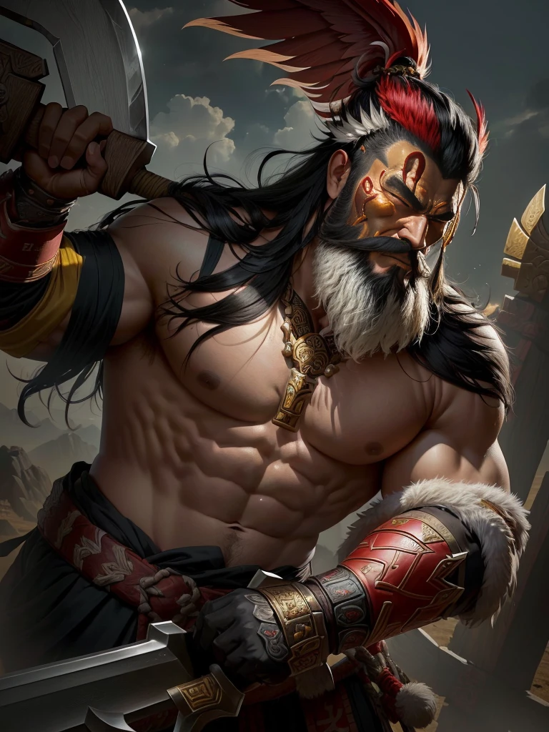 Man with a big axe and a winged head, Inspired by Hu Zaobin, Portrait of a berserker, Guan Yu, Bianlian, sun Wukong, Mongolia, Inspired by the Yellow God, Inspired by Li Gonglin, tai warlord, Inspired by Woo Bin, Wukong, Inspired by Lee Kang, naranbaatar ganbold