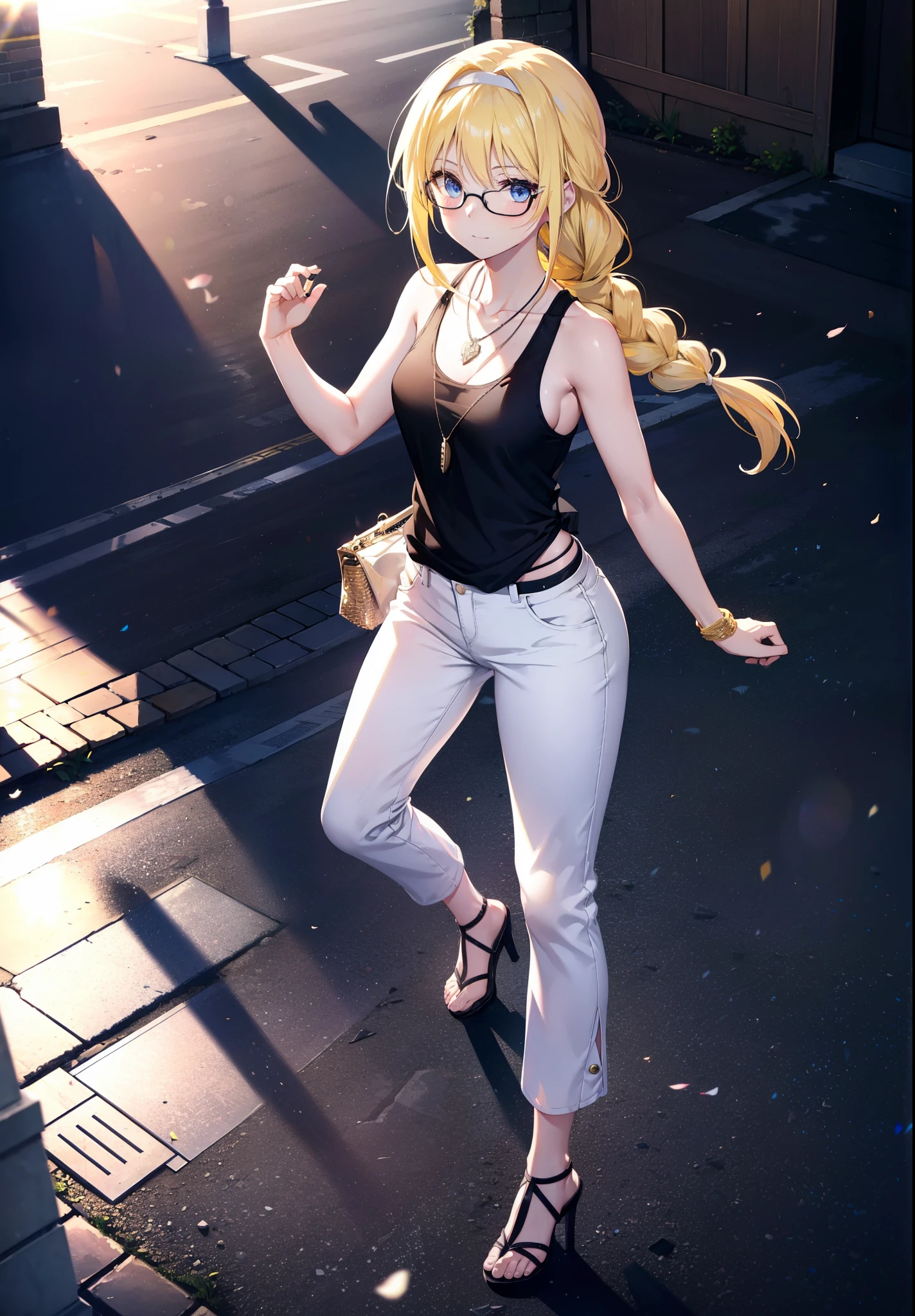Alicesburg, Alice Zuberg, bangs, blue eyes, Blonde, Hair between the eyes, Very long braid, hair band, white hair band,Black-rimmed glasses,Yellow Tank Top,Locket Necklace,skinny pants,Stiletto heels,Walking,morning,morning陽,The sun is rising,whole bodyがイラストに入るように,smile,blush,
break outside, Residential Street,
break looking at viewer, whole body,
break (masterpiece:1.2), Highest quality, High resolution, unity 8k wallpaper, (figure:0.8), (Beautiful attention to detail:1.6), Highly detailed face, Perfect lighting, Highly detailed CG, (Perfect hands, Perfect Anatomy),