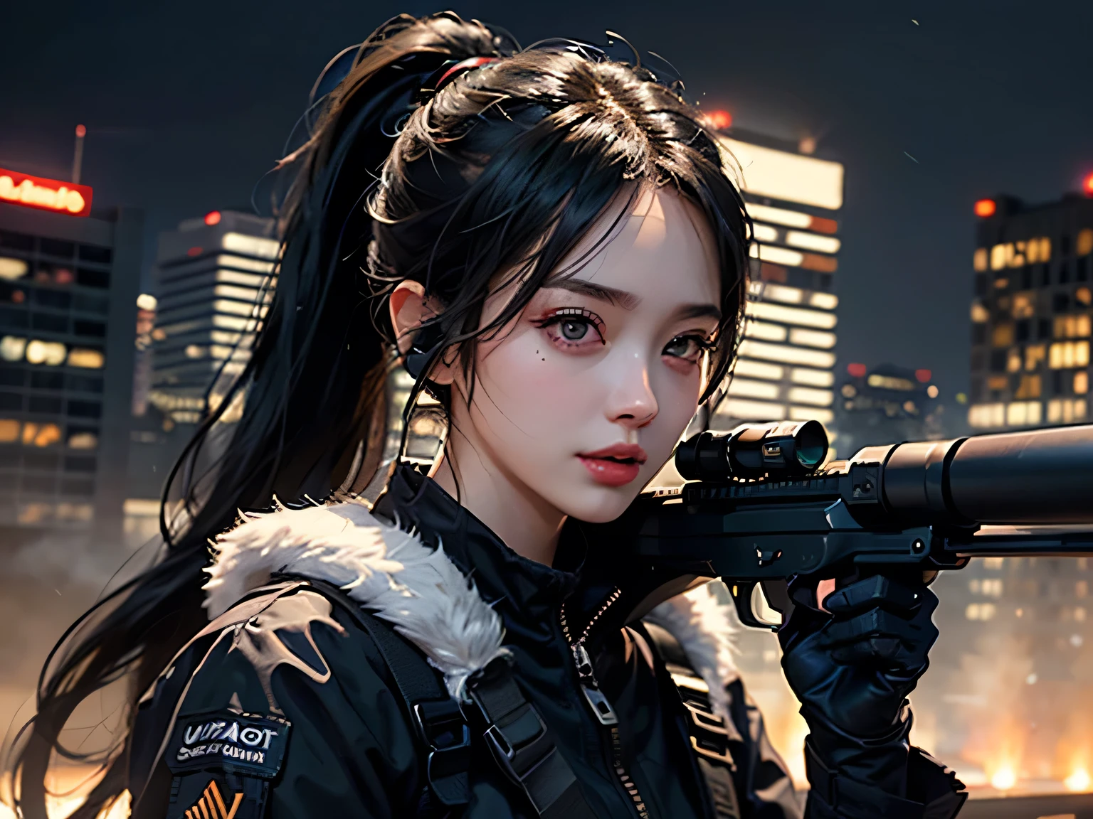 A highly detailed and realistic 8K portrait of a confident and beautiful female sniper with long black hair in a ponytail, wearing a black suit, headset and wielding a long sniper rifle with scope, standing on the rooftop of an office building in a city skyline, with a perfect anatomical physique and a charming smile, (best quality,8k,highres,photorealistic,masterpiece:1.2),ultra-detailed,physically-based rendering,professional,vivid colors,HDR,studio lighting,sharp focus,1girl,beautiful detailed eyes,beautiful detailed lips,extremely detailed face and skin,long eyelashes,confident expression,office building,cityscape,sniper rifle,scope,ponytail, gun, black gloves