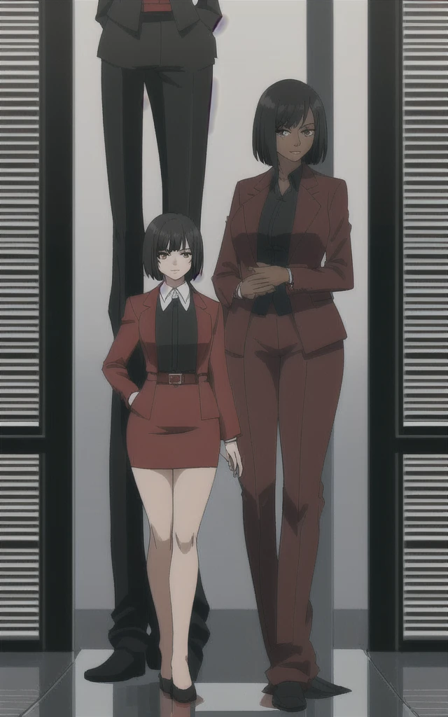 Tall adult Dark skinned business women in a red blazer skirt suit with a blouse underneath with short black hair ceo full bodied