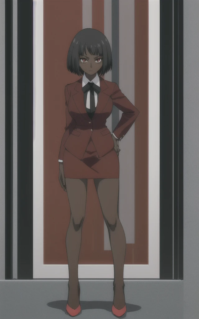 Tall adult Dark skinned business women in a red blazer skirt suit with a blouse underneath with short black hair ceo full bodied