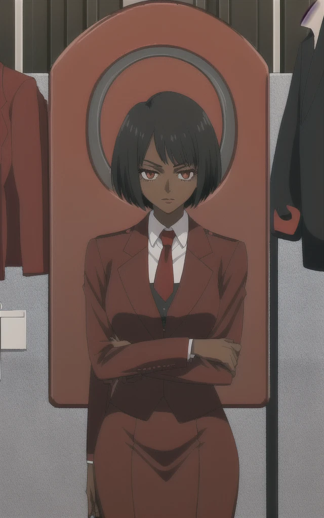 Tall adult Dark skinned business women in a red blazer skirt suit with a blouse underneath with short black hair  ceo  full bodied 