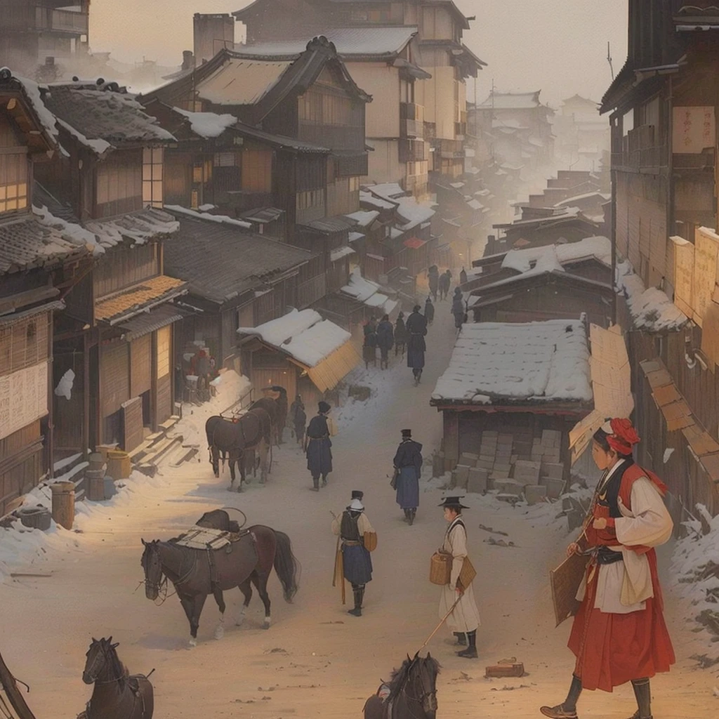 people々walks、Painting of a street scene drawn by a horse-drawn carriage, by Kamisaka Sekka, By Chen Jill, Streets of Baldur's Gate, Gwaiz, 日本people街, Xin Haicheng, feudal japan art, Painterly concept art, artwork in the style of Gwaiz, Blazing flames inspired by Carl Spitzweg, fire, crowd, throng, freezing, mother warming her baby.Scenery and Cityscape in the Early Meiji Era After the Meiji Restoration, Japan underwent rapid modernization and civilization. Consequently, many changes and reforms occurred. Below is a detailed explanation of the scenery, appearance of the poor, occupations, and cityscapes in the early Meiji period (1868 to the early 1880s). 2. Appearance of the Poor Life for the impoverished and lower classes remained harsh. In particular, in urban areas, people migrated from rural areas or unemployed artisans gathered, intensifying competition in the labor market. Many of them struggled with poverty, often residing in slums or around temples. 3. Occupations Meiji early Japan witnessed a diversification of occupations. Traditional agriculture and handicrafts were accompanied by the rise of modern industry and commerce. Particularly in urban areas, factory workers, shop clerks, and transporters increased, giving rise to new professions. However, many in these occupations endured harsh working conditions. 4. Influence of Civilization and Enlightenment During the Meiji era, Western cultural influences spread rapidly. Changes in clothing, dietary habits, and the proliferation of Western-style architecture advanced, especially in urban areas. Conversely, this development posed a threat to traditional culture and lifestyles, resulting in societal upheaval and adaptation challenges. 5. Social Change and Policy Influence While promoting modernization policies, the government also addressed poverty and social issues. Legislation for labor protection and charitable activities to aid the poor were implemented. Nevertheless, living conditions for the impoverished scarcely improved. The early Meiji period marked a rapid transformation in Japan, with complex soci