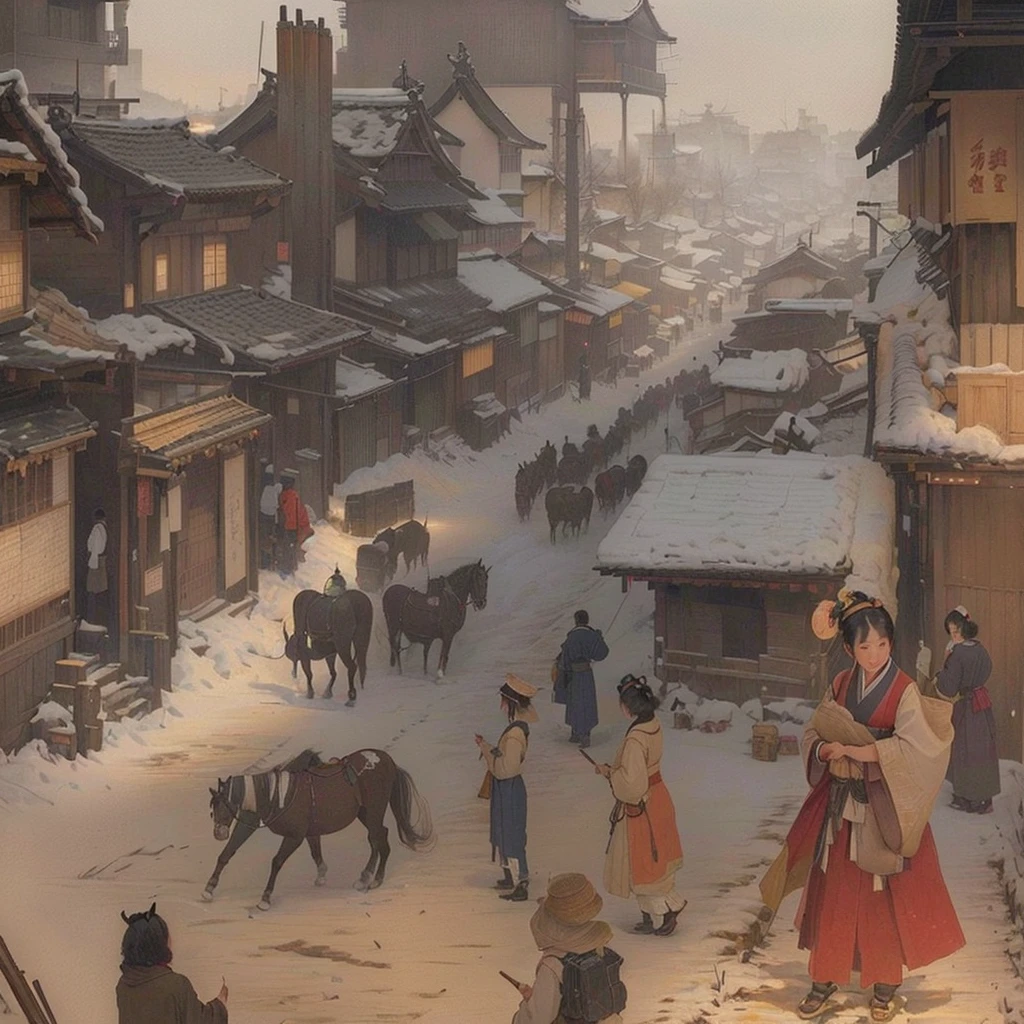 people々walks、Painting of a street scene drawn by a horse-drawn carriage, by Kamisaka Sekka, By Chen Jill, Streets of Baldur's Gate, Gwaiz, 日本people街, Xin Haicheng, feudal japan art, Painterly concept art, artwork in the style of Gwaiz, Blazing flames inspired by Carl Spitzweg, fire, crowd, throng, freezing, mother warming her baby.Scenery and Cityscape in the Early Meiji Era After the Meiji Restoration, Japan underwent rapid modernization and civilization. Consequently, many changes and reforms occurred. Below is a detailed explanation of the scenery, appearance of the poor, occupations, and cityscapes in the early Meiji period (1868 to the early 1880s). 2. Appearance of the Poor Life for the impoverished and lower classes remained harsh. In particular, in urban areas, people migrated from rural areas or unemployed artisans gathered, intensifying competition in the labor market. Many of them struggled with poverty, often residing in slums or around temples. 3. Occupations Meiji early Japan witnessed a diversification of occupations. Traditional agriculture and handicrafts were accompanied by the rise of modern industry and commerce. Particularly in urban areas, factory workers, shop clerks, and transporters increased, giving rise to new professions. However, many in these occupations endured harsh working conditions. 4. Influence of Civilization and Enlightenment During the Meiji era, Western cultural influences spread rapidly. Changes in clothing, dietary habits, and the proliferation of Western-style architecture advanced, especially in urban areas. Conversely, this development posed a threat to traditional culture and lifestyles, resulting in societal upheaval and adaptation challenges. 5. Social Change and Policy Influence While promoting modernization policies, the government also addressed poverty and social issues. Legislation for labor protection and charitable activities to aid the poor were implemented. Nevertheless, living conditions for the impoverished scarcely improved. The early Meiji period marked a rapid transformation in Japan, with complex soci