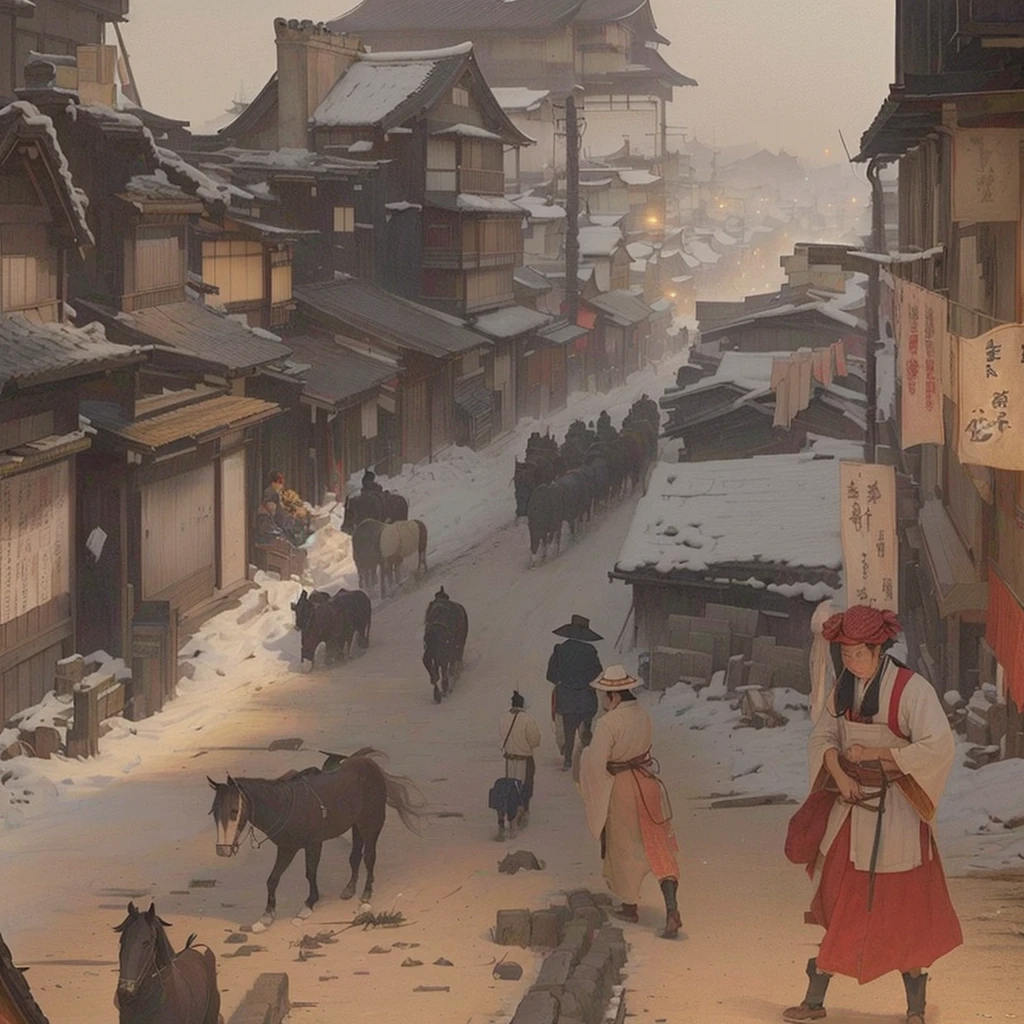 people々walks、Painting of a street scene drawn by a horse-drawn carriage, by Kamisaka Sekka, By Chen Jill, Streets of Baldur's Gate, Gwaiz, 日本people街, Xin Haicheng, feudal japan art, Painterly concept art, artwork in the style of Gwaiz, Blazing flames inspired by Carl Spitzweg, fire, crowd, throng, freezing, mother warming her baby.Scenery and Cityscape in the Early Meiji Era After the Meiji Restoration, Japan underwent rapid modernization and civilization. Consequently, many changes and reforms occurred. Below is a detailed explanation of the scenery, appearance of the poor, occupations, and cityscapes in the early Meiji period (1868 to the early 1880s). 2. Appearance of the Poor Life for the impoverished and lower classes remained harsh. In particular, in urban areas, people migrated from rural areas or unemployed artisans gathered, intensifying competition in the labor market. Many of them struggled with poverty, often residing in slums or around temples. 3. Occupations Meiji early Japan witnessed a diversification of occupations. Traditional agriculture and handicrafts were accompanied by the rise of modern industry and commerce. Particularly in urban areas, factory workers, shop clerks, and transporters increased, giving rise to new professions. However, many in these occupations endured harsh working conditions. 4. Influence of Civilization and Enlightenment During the Meiji era, Western cultural influences spread rapidly. Changes in clothing, dietary habits, and the proliferation of Western-style architecture advanced, especially in urban areas. Conversely, this development posed a threat to traditional culture and lifestyles, resulting in societal upheaval and adaptation challenges. 5. Social Change and Policy Influence While promoting modernization policies, the government also addressed poverty and social issues. Legislation for labor protection and charitable activities to aid the poor were implemented. Nevertheless, living conditions for the impoverished scarcely improved. The early Meiji period marked a rapid transformation in Japan, with complex soci