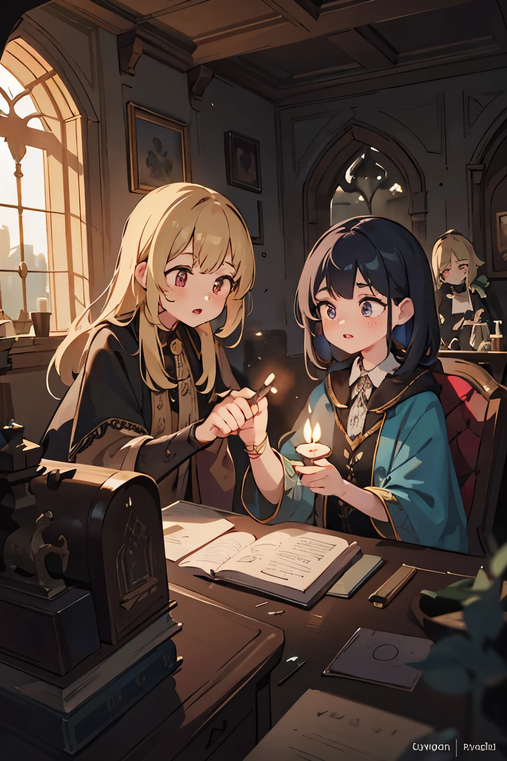 a detailed fantasy scene of three young girls exploring an ancient, mysterious house, extremely detailed eyes and faces, beautiful detailed lips, longeyelashes, highly realistic, photorealistic, 8k, masterpiece, studio lighting, vivid colors, dramatic lighting, ornate architecture, dusty textures, cobweb-covered walls, mysterious atmosphere, sense of discovery, warm light from candles, glowing magical artifacts, capture the essence of this magical and mysterious encounter. Your drawing will be fundamental for the creation of a unique publication, which combines the gothic atmosphere and the charm of the supernatural. Remember to add evocative details, such as candle flames dancing in the dark, shadows moving ominously along the rock walls, . Highlight the aura of mystery and emotion that this forbidden encounter evokes.