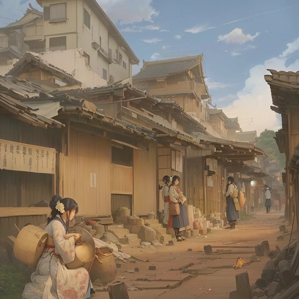 There is a painting of a street with horses and buildings., Luan Jia, Japanese Street, Anime scenery concept art, Old Asian Village, by Shimo, Painterly concept art, by Kamisaka Sekka, Gwaiz, Traditional Japanese concept art, illustration concept art, Digital Painting Concept Art, Han Kang Blazing flames, fire, crowd, throng, freezing, mother warming her baby.Scenery and Cityscape in the Early Meiji Era After the Meiji Restoration, Japan underwent rapid modernization and civilization. Consequently, many changes and reforms occurred. Below is a detailed explanation of the scenery, appearance of the poor, occupations, and cityscapes in the early Meiji period (1868 to the early 1880s). 2. Appearance of the Poor Life for the impoverished and lower classes remained harsh. In particular, in urban areas, people migrated from rural areas or unemployed artisans gathered, intensifying competition in the labor market. Many of them struggled with poverty, often residing in slums or around temples. 3. Occupations Meiji early Japan witnessed a diversification of occupations. Traditional agriculture and handicrafts were accompanied by the rise of modern industry and commerce. Particularly in urban areas, factory workers, shop clerks, and transporters increased, giving rise to new professions. However, many in these occupations endured harsh working conditions. 4. Influence of Civilization and Enlightenment During the Meiji era, Western cultural influences spread rapidly. Changes in clothing, dietary habits, and the proliferation of Western-style architecture advanced, especially in urban areas. Conversely, this development posed a threat to traditional culture and lifestyles, resulting in societal upheaval and adaptation challenges. 5. Social Change and Policy Influence While promoting modernization policies, the government also addressed poverty and social issues. Legislation for labor protection and charitable activities to aid the poor were implemented. Nevertheless, living conditions for the impoverished scarcely improved. The early Meiji period marked a rapid transformation in Japan, with complex social la