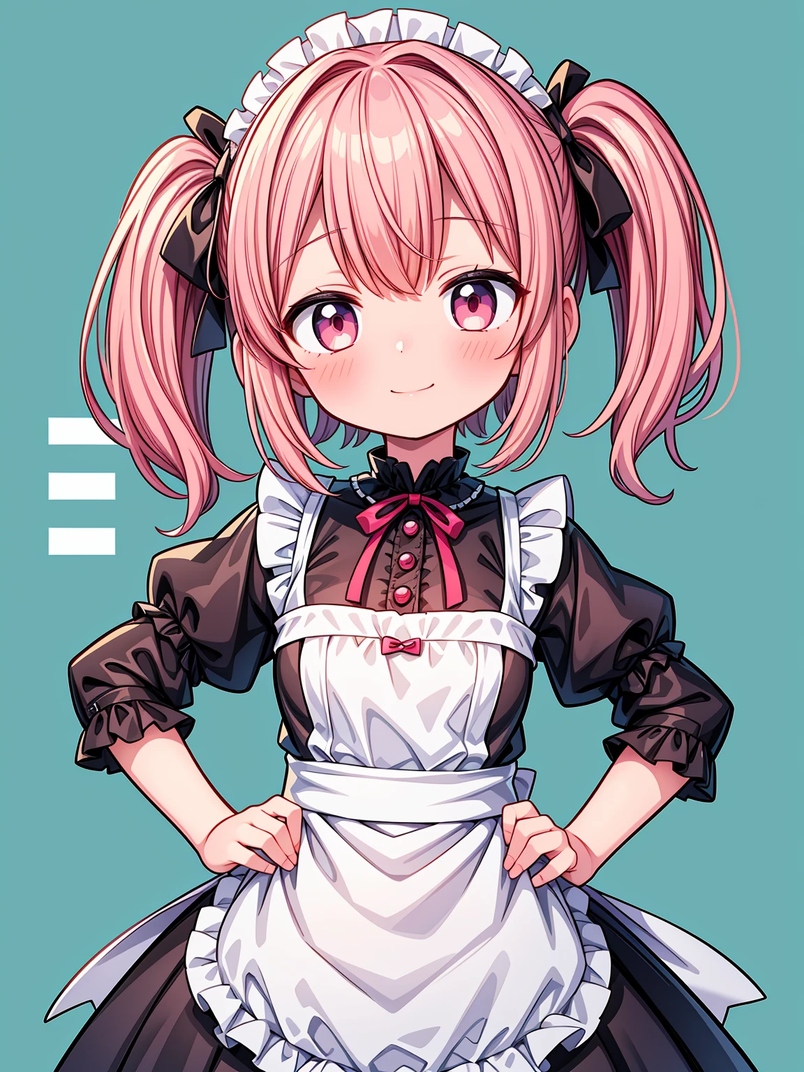 (Highest image quality), (highest quality), (masterpiece), (dynamic lighting), (photo realism), maid uniform, detailed face, ((li)), ((girl)), (little curve), short pink hair, one side ponytail hairstyle, red eyes, ((very small bust)), (apron), smile, winking, kitchen background, ((very blushing)), ((detailed hands and fingers)), hands on the hips, viewer perspective from below, (blush), more detailed, EasyNegativeV2