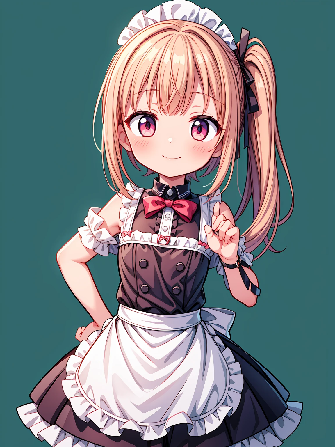 (Highest image quality), (highest quality), (masterpiece), (dynamic lighting), (photo realism), maid uniform, detailed face, ((loli)), ((girl)), (little curve), short pink hair, one side ponytail hairstyle, red eyes, ((very small bust)), (apron), smile, winking, kitchen background, ((very blushing)), ((detailed hands and fingers)), hands on the hips, viewer perspective from below, (blush), more detailed, EasyNegativeV2
