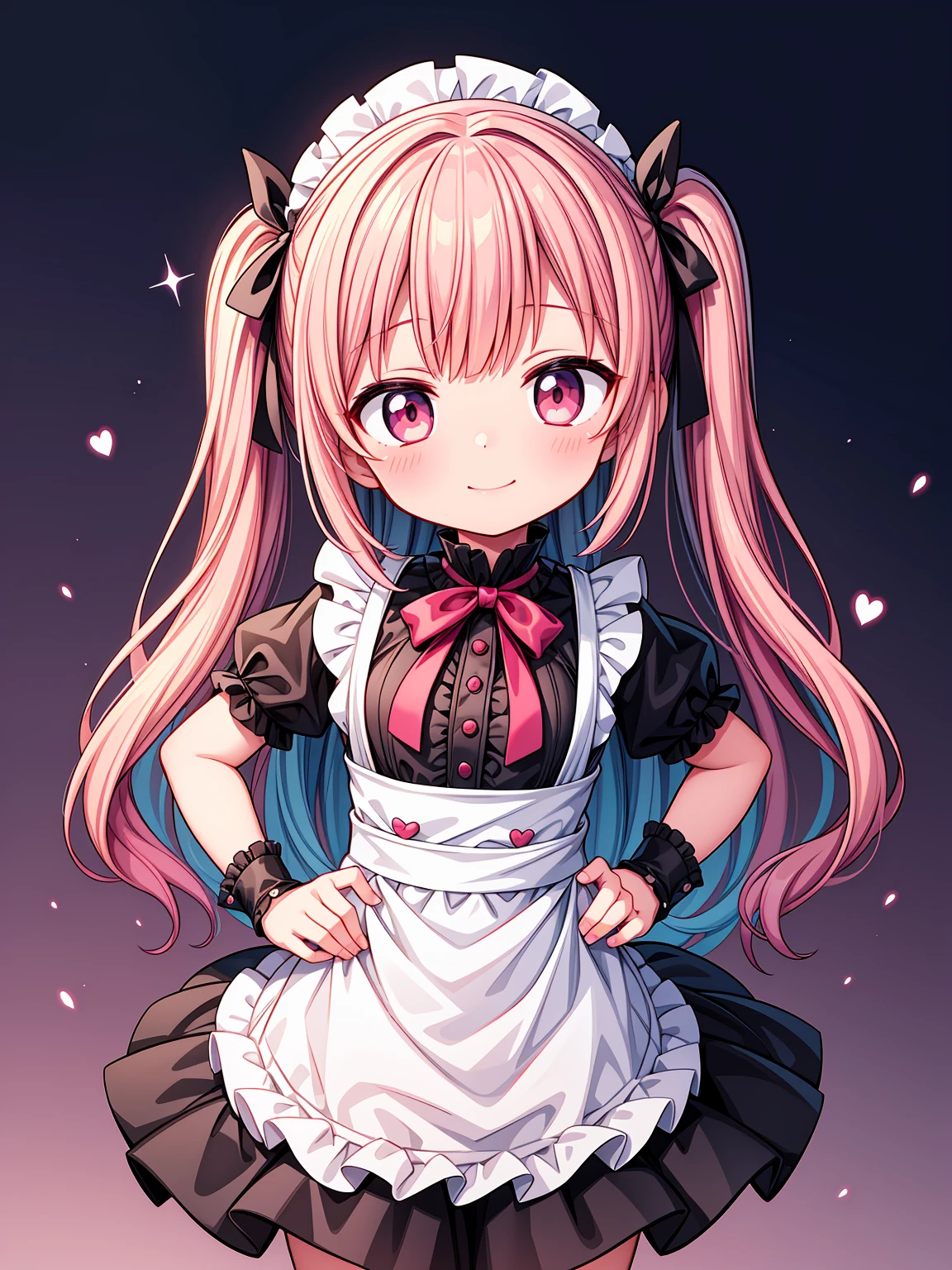 (Highest image quality), (highest quality), (masterpiece), (dynamic lighting), (photo realism), maid uniform, detailed face, ((loli)), ((girl)), (little curve), short pink hair, one side ponytail hairstyle, red eyes, ((very small bust)), (apron), smile, winking, kitchen background, ((very blushing)), ((detailed hands and fingers)), hands on the hips, viewer perspective from below, (blush), more detailed, EasyNegativeV2