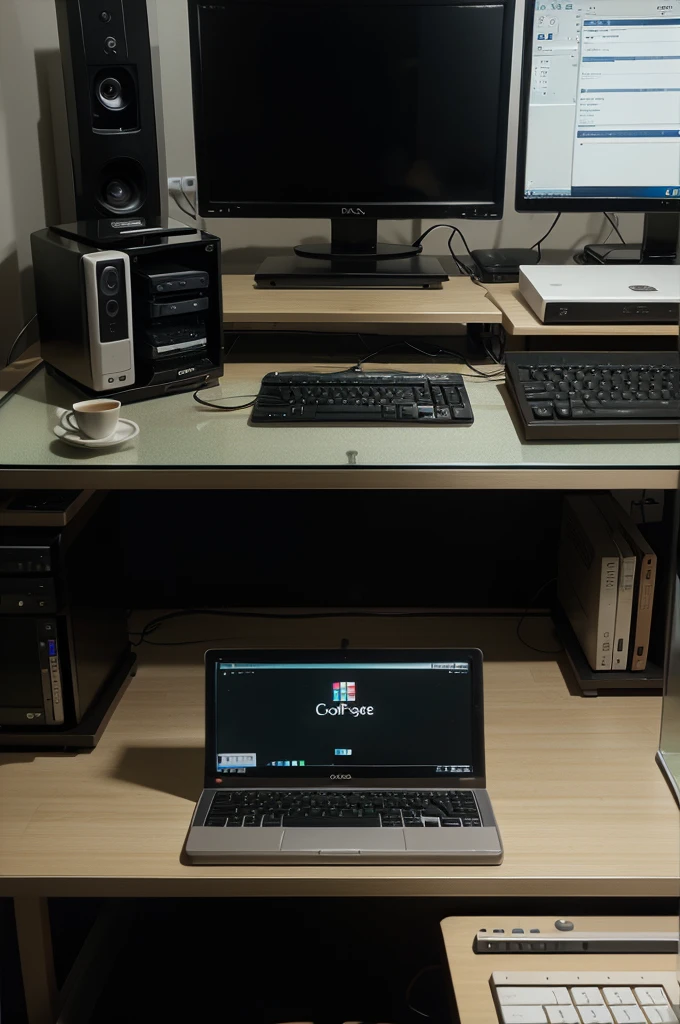 Glass coffe,bokeh, dual monitor pc, keyboard,table studio, realistic 