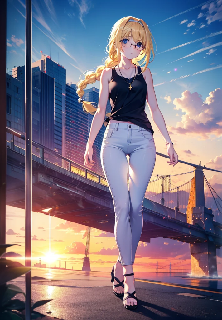 Alicesburg, Alice Zuberg, bangs, blue eyes, Blonde, Hair between the eyes, Very long braid, hair band, white hair band,Black-rimmed glasses,Yellow Tank Top,Locket Necklace,skinny pants,Stiletto heels,Walking,morning,morning陽,The sun is rising,whole bodyがイラストに入るように,smile,blush,
break outside, Residential Street,
break looking at viewer, whole body,
break (masterpiece:1.2), Highest quality, High resolution, unity 8k wallpaper, (figure:0.8), (Beautiful attention to detail:1.6), Highly detailed face, Perfect lighting, Highly detailed CG, (Perfect hands, Perfect ???????),