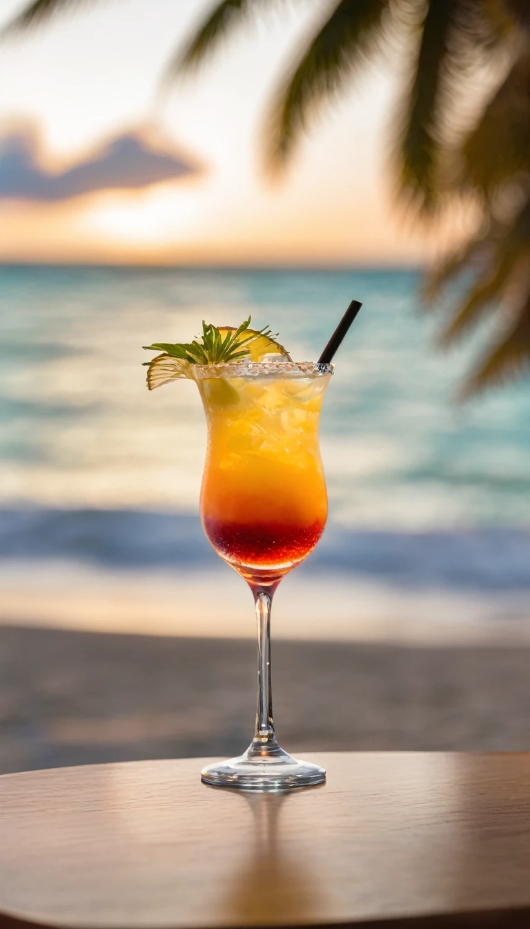 a closeup of a cocktail on a table and a blurred beach in the background