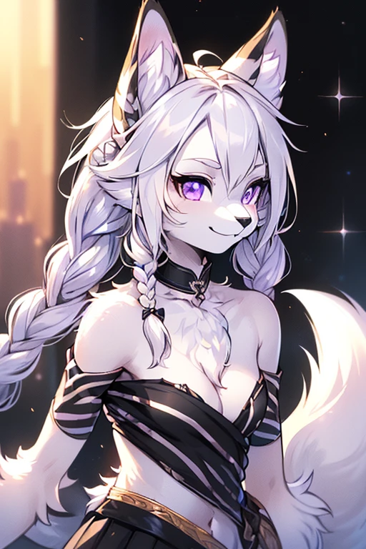 ( Absurdly , High quality , ultra detailed ) ,( hand detailed ) , 1girl, solo, mature, absurdres(highly detailed beautiful face and eyes)perfect anatomy Solo, Young Female white fox-cat (((lean-body))) (((medium breasts))) (short snout),(((fur (black stripe) between neck and shoulder towards chest))) ((fur (black stripes) on waist))(ears are darker), ((violet eyes)), (cat tail (black at end)), (white hair (single-braided)), ((Female wolf)) ((fox cat)), (detailed eyes), (clevedge, (collarbone, shoulders), (solo, (1girl)) ((((fluffy white fur)))), white hands, ((extremely detailed fur)) ((hair in face)) (big braid), (thin long tail) (extremely detailed eyes), white hands, happy, barefoot, (kingdom hearts style jacket)
