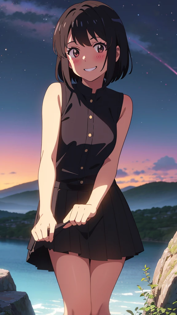 shinkai makoto, kimi no na wa., 1girl, bangs, black hair, blush, expressive eyes, brown eyes, perfect face, looking at the viewer, sleeveless dress, skirt, short hair, solo, outdoors, shinny skin, smile, cute, grin, night sky, mountains, rocks, (masterpiece), best quality