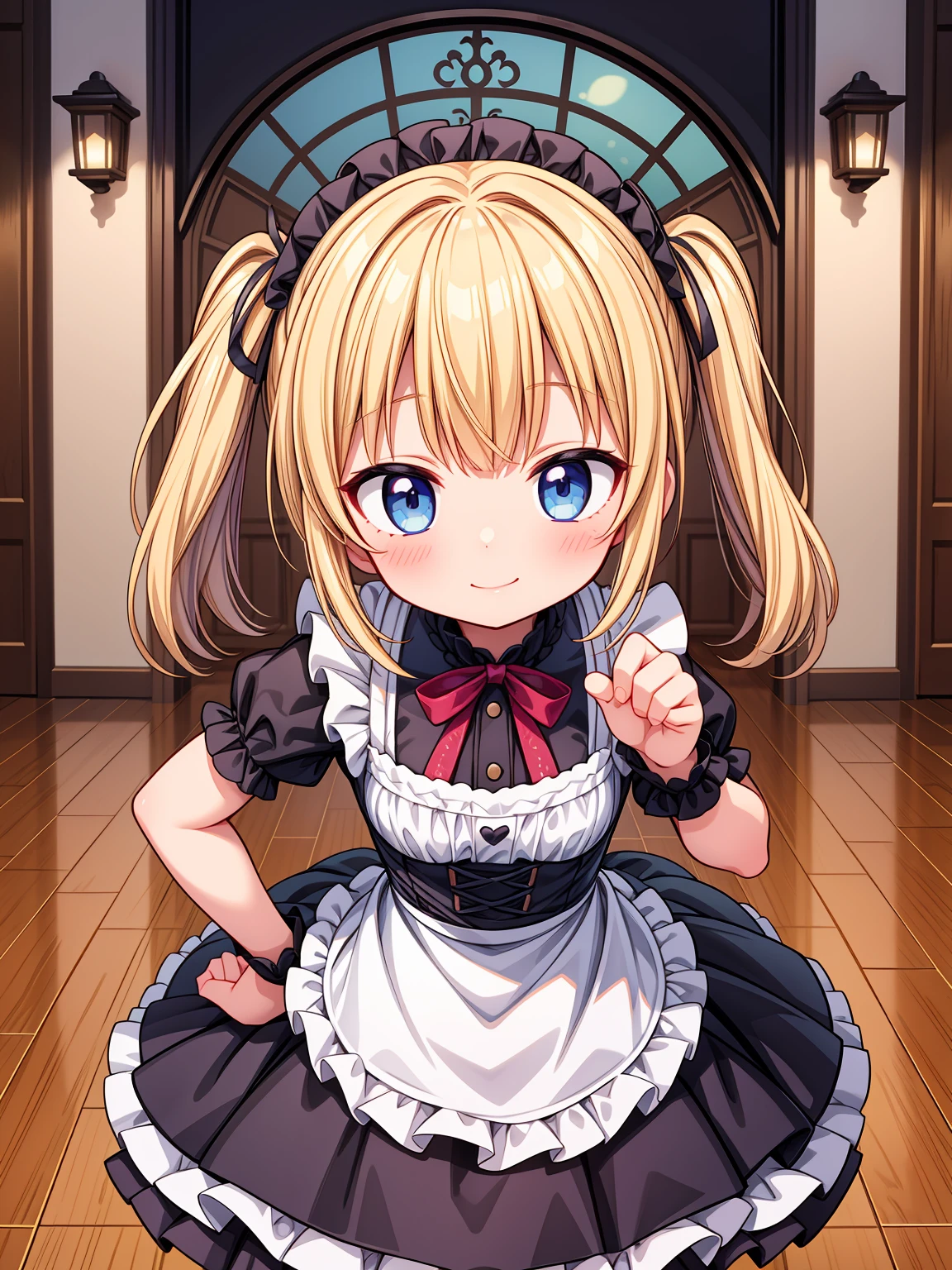 (Highest image quality), (highest quality), (masterpiece), (dynamic lighting), (photo realism), maid uniform, detailed face, ((loli)), ((girl)), (little curve), short blonde hair, one side ponytail hairstyle, blue eyes, ((very small bust)), (apron), smile, winking, kitchen background, ((very blushing)), ((detailed hands and fingers)), hands on the hips, viewer perspective from below, (blush), more detailed, EasyNegativeV2