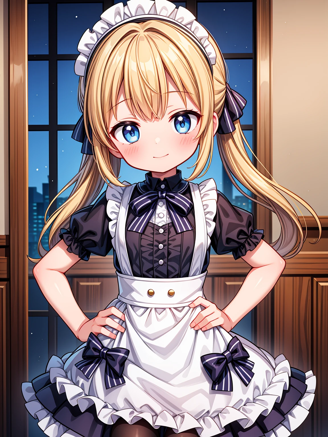 (Highest image quality), (highest quality), (masterpiece), (dynamic lighting), (photo realism), maid uniform, detailed face, ((loli)), ((girl)), (little curve), short blonde hair, one side ponytail hairstyle, blue eyes, ((very small bust)), (apron), smile, winking, kitchen background, ((very blushing)), ((detailed hands and fingers)), hands on the hips, viewer perspective from below, (blush), more detailed, EasyNegativeV2