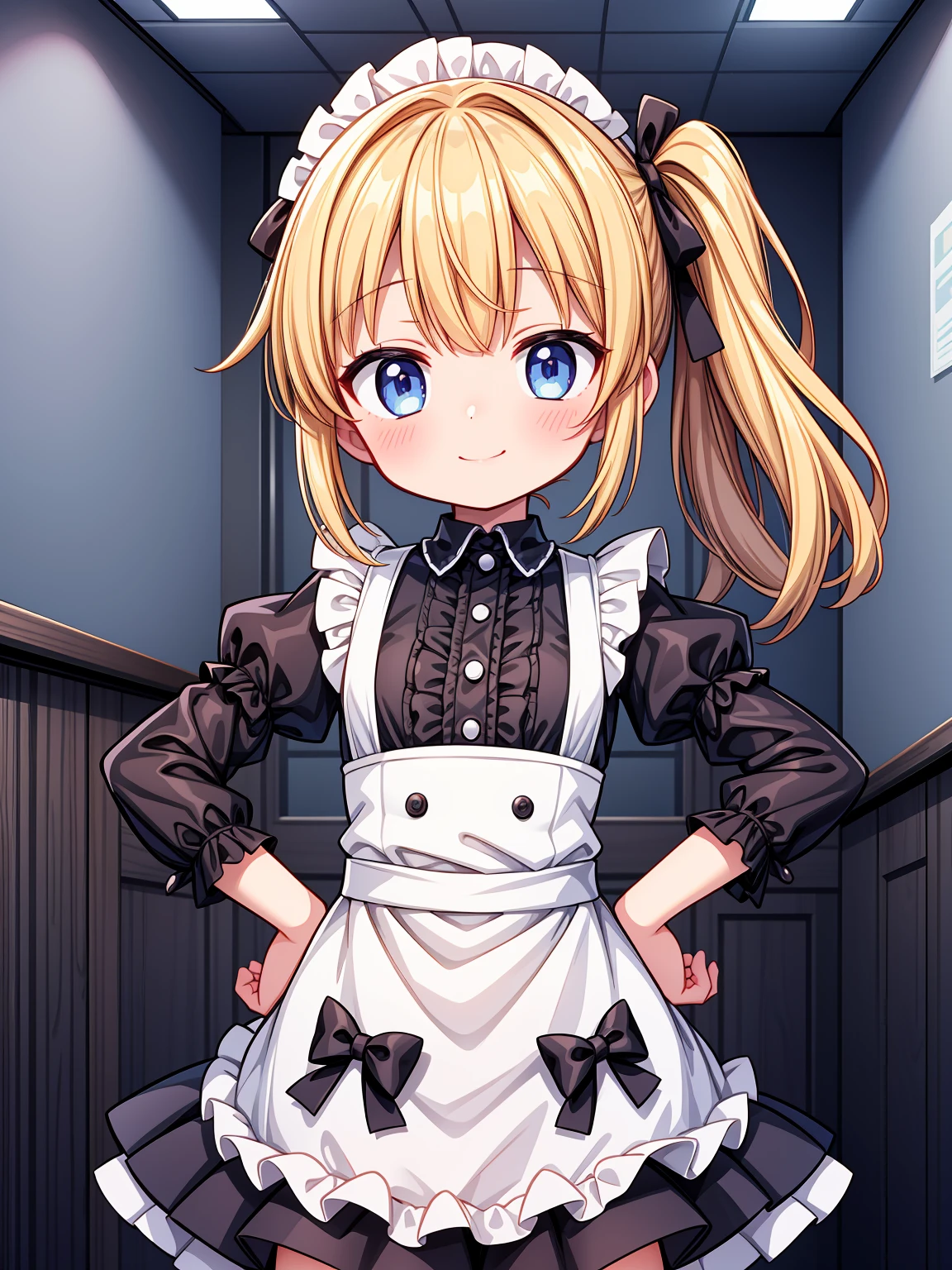 (Highest image quality), (highest quality), (masterpiece), (dynamic lighting), (photo realism), maid uniform, detailed face, ((loli)), ((girl)), (little curve), short blonde hair, one side ponytail hairstyle, blue eyes, ((very small bust)), (apron), smile, winking, kitchen background, ((very blushing)), ((detailed hands and fingers)), hands on the hips, viewer perspective from below, (blush), more detailed, EasyNegativeV2