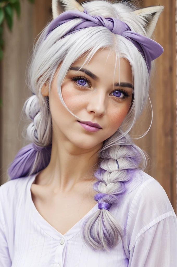 ((Young fox)),((woman)),((female)),((adult)),((white hair)),((violet eyes)),((cute face)),((Long hair tied in ))