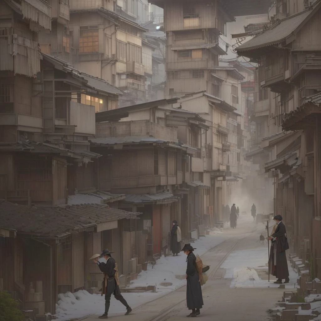 People walking on the city street々There are, Dreamy city in China, The ancient street behind her, award winning Concept Artist, by Han Gan, Luan Jia, Concept Art , Highly rendered, Ancient Steampunk City, Dusty Street, Japanese Street, dramatic Concept Art, Steampunk Cityscape, by Shen Zhou, Foggy Alley, urban Concept Art, by 周陳Blazing flames, fire, crowd, throng, freezing, mother warming her baby.Scenery and Cityscape in the Early Meiji Era After the Meiji Restoration, Japan underwent rapid modernization and civilization. Consequently, many changes and reforms occurred. Below is a detailed explanation of the scenery, appearance of the poor, occupations, and cityscapes in the early Meiji period (1868 to the early 1880s). 2. Appearance of the Poor Life for the impoverished and lower classes remained harsh. In particular, in urban areas, people migrated from rural areas or unemployed artisans gathered, intensifying competition in the labor market. Many of them struggled with poverty, often residing in slums or around temples. 3. Occupations Meiji early Japan witnessed a diversification of occupations. Traditional agriculture and handicrafts were accompanied by the rise of modern industry and commerce. Particularly in urban areas, factory workers, shop clerks, and transporters increased, giving rise to new professions. However, many in these occupations endured harsh working conditions. 4. Influence of Civilization and Enlightenment During the Meiji era, Western cultural influences spread rapidly. Changes in clothing, dietary habits, and the proliferation of Western-style architecture advanced, especially in urban areas. Conversely, this development posed a threat to traditional culture and lifestyles, resulting in societal upheaval and adaptation challenges. 5. Social Change and Policy Influence While promoting modernization policies, the government also addressed poverty and social issues. Legislation for labor protection and charitable activities to aid the poor were implemented. Nevertheless, living conditions for the impoverished scarcely improved. The early Meiji period marked a ra