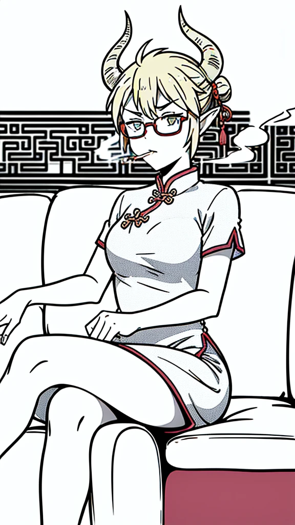 1girl,20s,solo,serious,blonde hair, short hair,high ponytail,cow ears,(((smoking,sitting in a sofa,crossed legs,))),red dress,double bun,bun cover,china dress,chinese clothes,short sleeves,((horns)),glasses,(white background,line drawing),