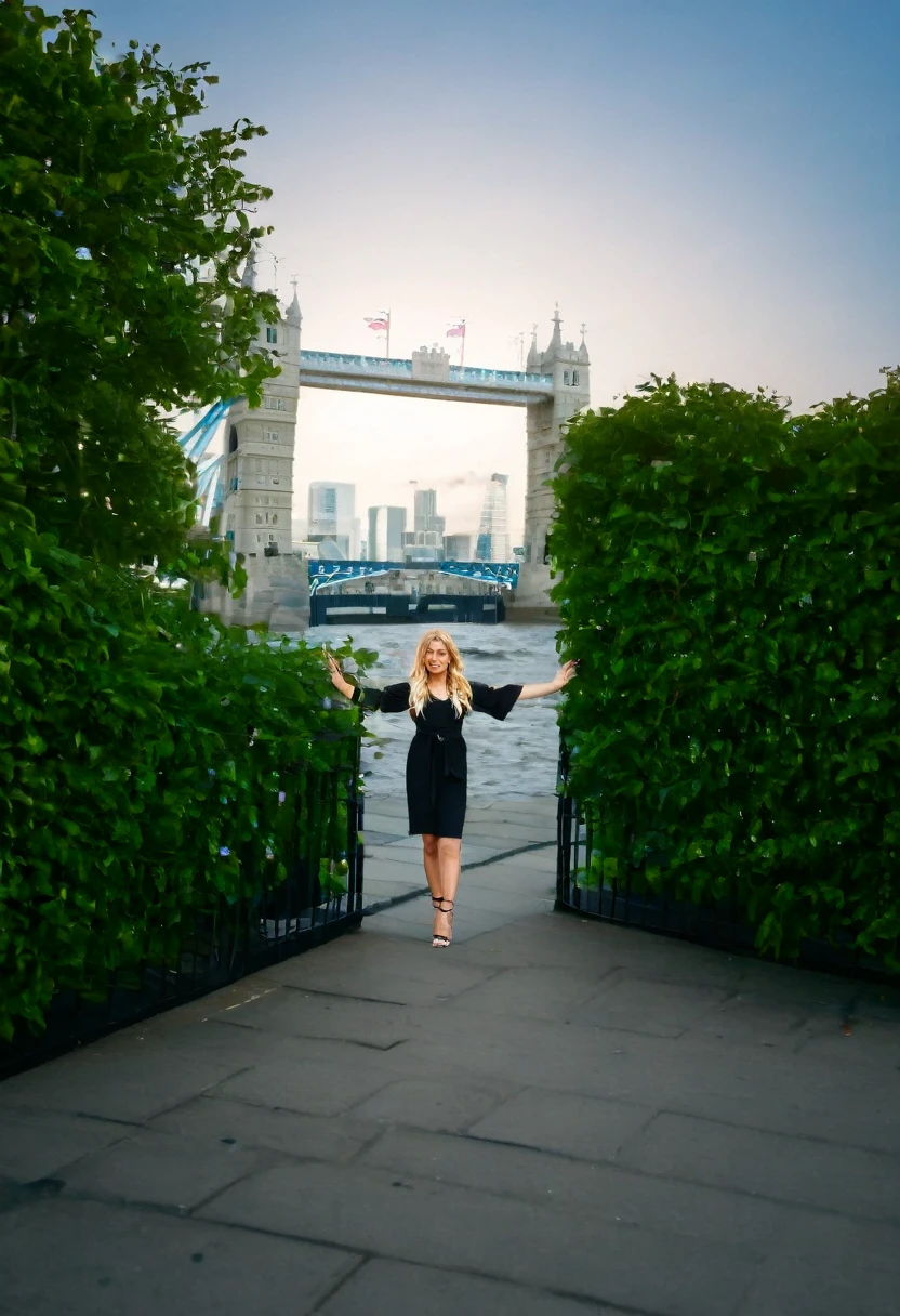 An natural photo of influencer girl with blonde hair and natural blue eyes in London ,best quality  full body