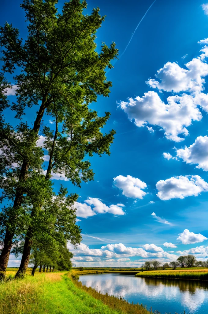 Rural landscape, Grass, river, Blue sky,Clouds,,Tyndall effect,Ultra illumination, Optimal lighting, HD, masterpiece, high quality, high resolution, Best quality, artwork, Super quality, Tree verbose,real picture