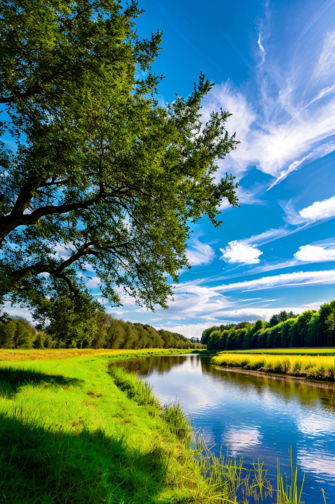 Rural landscape, Grass, river, Blue sky,Clouds,,Tyndall effect,Ultra illumination, Optimal lighting, HD, masterpiece, high quality, high resolution, Best quality, artwork, Super quality, Tree verbose,real picture