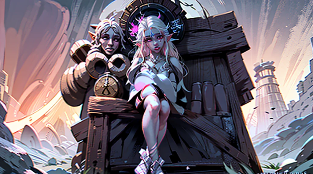 an elf priestess with white hair and pink eyes