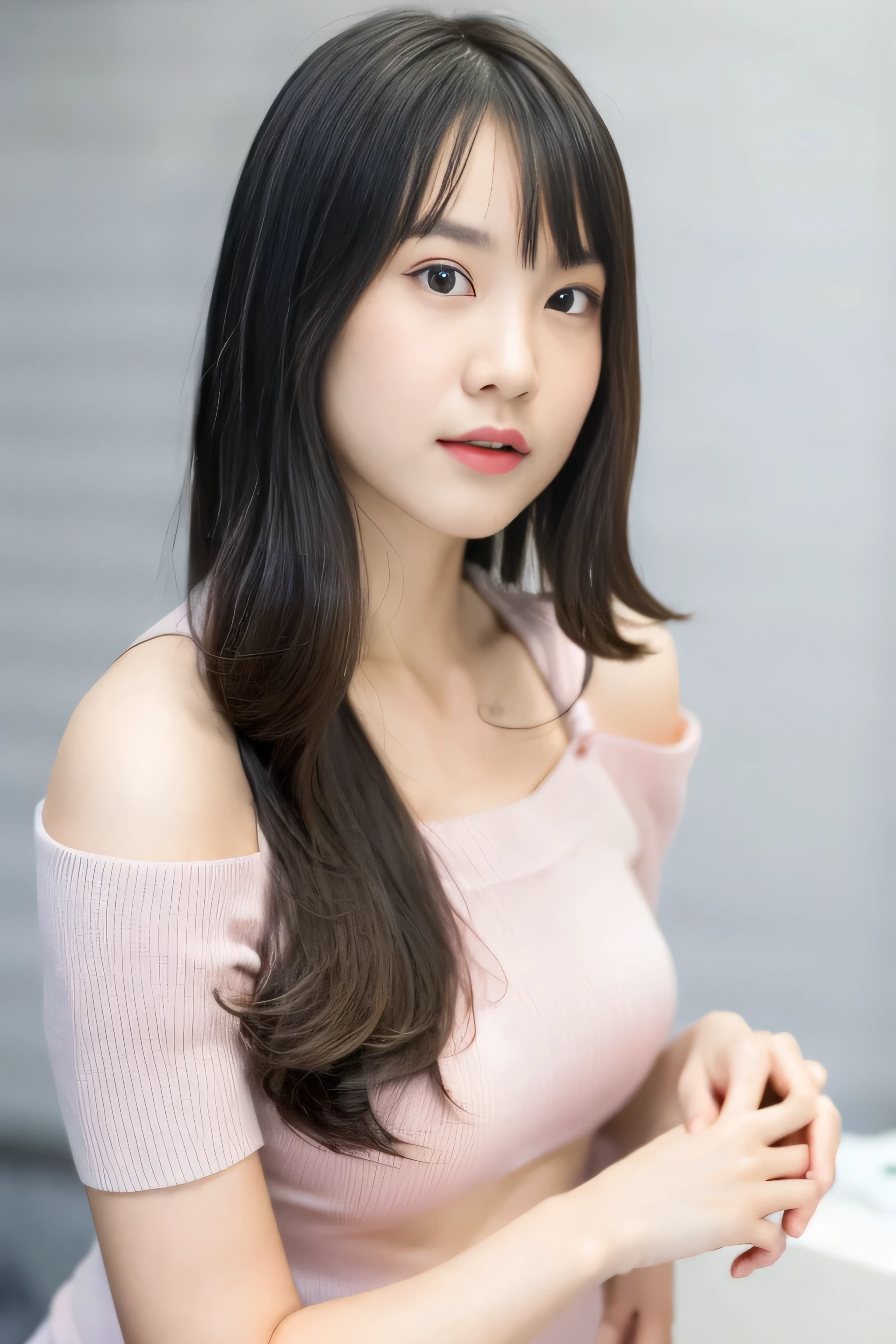 (colored picture), Photo realistic of beautiful asian、slender abs, (Highlight Haircutreast A Cup:1.2), small breast, round shape breast, perfect shape breast,(( )), She should have a serene expression, with large, expressive eyes and rosy lips. The woman is wearing an elegant light pink, off-the-shoulder sweater, with a hint of a black strap visible, set against a soft, neutral background that emphasizes her gentle and stylish appearance