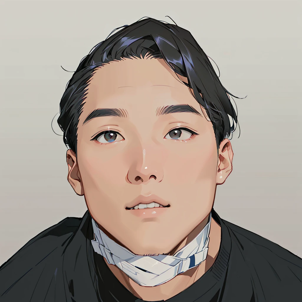 illustration of a man with a neck brace and a black shirt, taejune kim, paul kwon, steven jung, joongwon charles jeong, kevin hou, peter chan, jon kuo, steve zheng, christopher cao, david luong, victor ngai, john park, jisu choe, rick dai, nft portrait, michael okuda