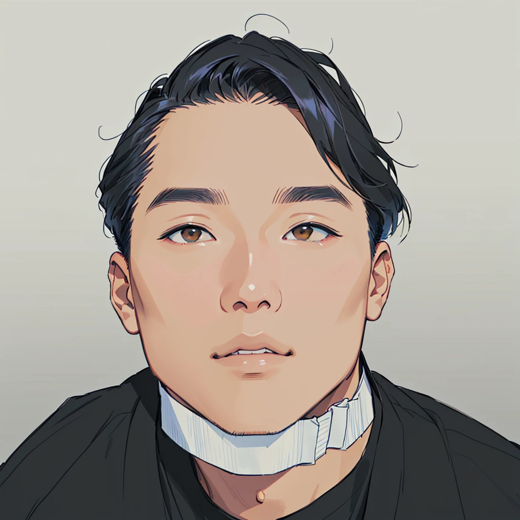 illustration of a man with a neck brace and a black shirt, taejune kim, paul kwon, steven jung, joongwon charles jeong, kevin hou, peter chan, jon kuo, steve zheng, christopher cao, david luong, victor ngai, john park, jisu choe, rick dai, nft portrait, michael okuda