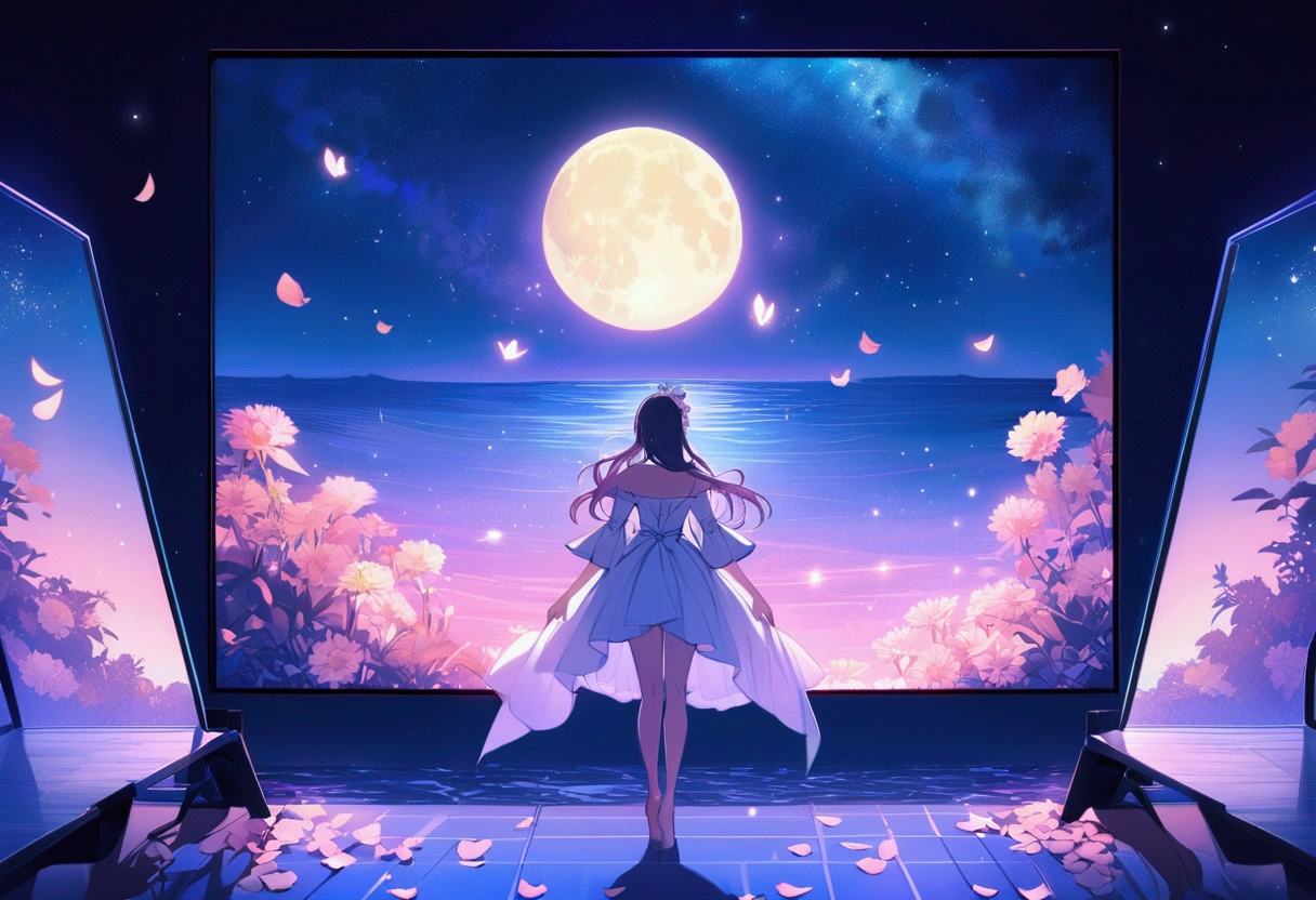 There is a woman from behind in the center of the screen. She stares straight behind the screen. The moon and stars are beautiful, 8K, the fantastic world of the full moon and the sea, the women's clothes are not exposed, and there are many stars. Flower petals sparkle and dance in the moonlight. ,The back of a woman is depicted at the bottom center of the screen, giving you a fantastic and wonderful view. Fantastic, fantasy, peaceful atmosphere, large screen ratio for women, large screen ratio for women
