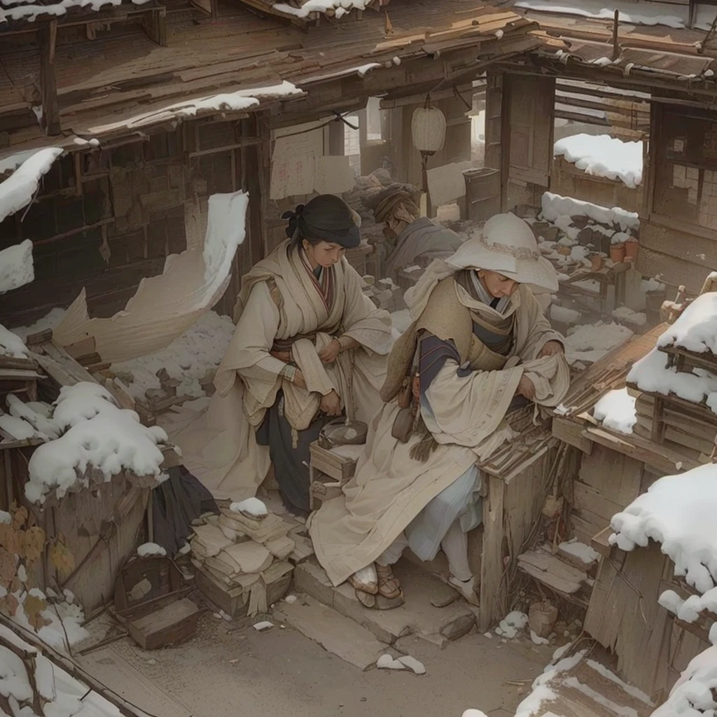 A highly detailed 8K digital art masterpiece, (extremely detailed CG, very high quality, best quality, highest quality illustration, best shadows, surreal, realistic lighting, (profound depth), beautiful luminosity, art by PeterMohrBacher)Blazing flames, fire, crowd, throng, freezing, mother warming her baby.Scenery and Cityscape in the Early Meiji Era After the Meiji Restoration, Japan underwent rapid modernization and civilization. Consequently, many changes and reforms occurred. Below is a detailed explanation of the scenery, appearance of the poor, occupations, and cityscapes in the early Meiji period (1868 to the early 1880s). 2. Appearance of the Poor Life for the impoverished and lower classes remained harsh. In particular, in urban areas, people migrated from rural areas or unemployed artisans gathered, intensifying competition in the labor market. Many of them struggled with poverty, often residing in slums or around temples. 3. Occupations Meiji early Japan witnessed a diversification of occupations. Traditional agriculture and handicrafts were accompanied by the rise of modern industry and commerce. Particularly in urban areas, factory workers, shop clerks, and transporters increased, giving rise to new professions. However, many in these occupations endured harsh working conditions. 4. Influence of Civilization and Enlightenment During the Meiji era, Western cultural influences spread rapidly. Changes in clothing, dietary habits, and the proliferation of Western-style architecture advanced, especially in urban areas. Conversely, this development posed a threat to traditional culture and lifestyles, resulting in societal upheaval and adaptation challenges. 5. Social Change and Policy Influence While promoting modernization policies, the government also addressed poverty and social issues. Legislation for labor protection and charitable activities to aid the poor were implemented. Nevertheless, living conditions for the impoverished scarcely improved. The