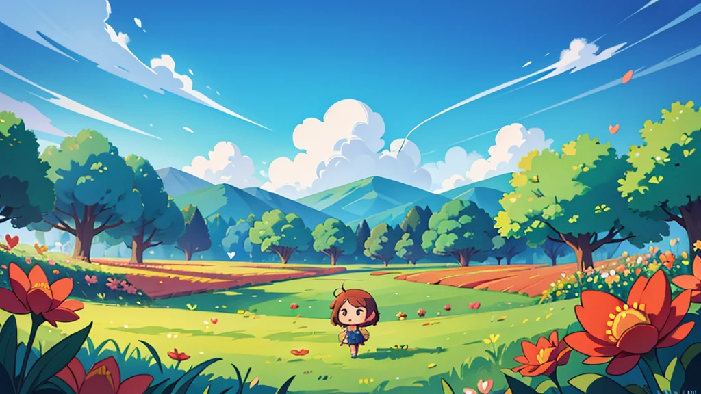 chibi style landscape image a field of flowers with hearts in the sky and floating all around, perfect lighting