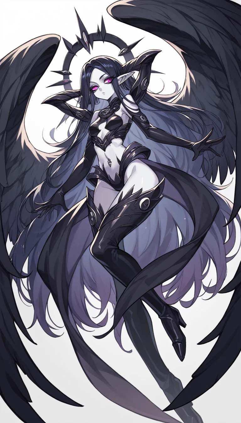 A mysterious, dark-themed anime-style female character inspired by an angel, appealing to fans of chuunibyou. She has a gothic and ethereal appearance with pale skin, long flowing dark hair, and piercing eyes. She wears a dark, elaborate outfit with celestial accents, including black feathered wings. Her expression is enigmatic and alluring, emphasizing her mystical aura. The background is dark and atmospheric. The image is in a 9:16 aspect ratio. She does not carry any weapons.