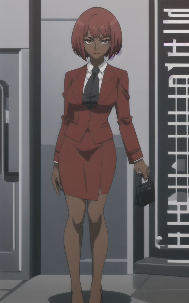 Tall adult Dark skinned business women in a red blazer skirt suit with a blouse underneath with short red hair  ceo  full bodied  