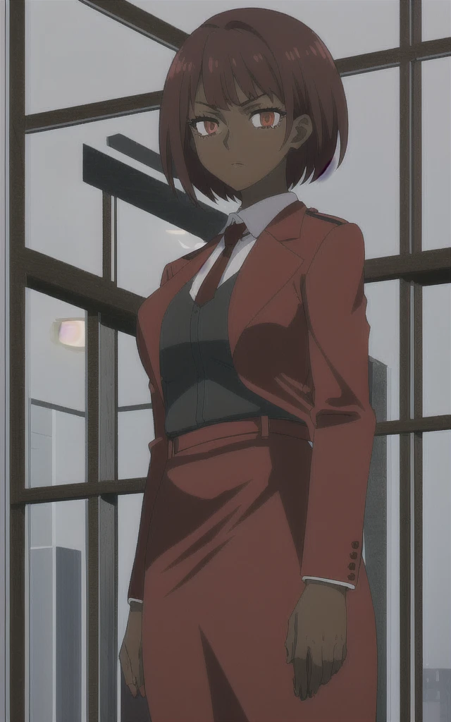 Tall adult Dark skinned business women in a red blazer skirt suit with a blouse underneath with short red hair ceo full bodied