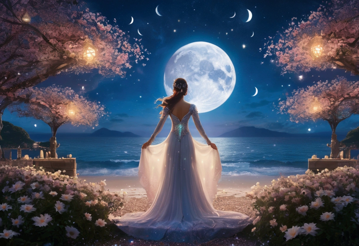 There is a woman from behind in the center of the screen. She stares straight behind the screen. The moon and stars are beautiful, 8K, the fantastic world of the full moon and the sea, the women's clothes are not exposed, and there are many stars. Flower petals sparkle and dance in the moonlight. ,The back of a woman is depicted at the bottom center of the screen, giving you a fantastic and wonderful view. Fantastic, fantasy, peaceful atmosphere, large screen ratio for women, large screen ratio for women