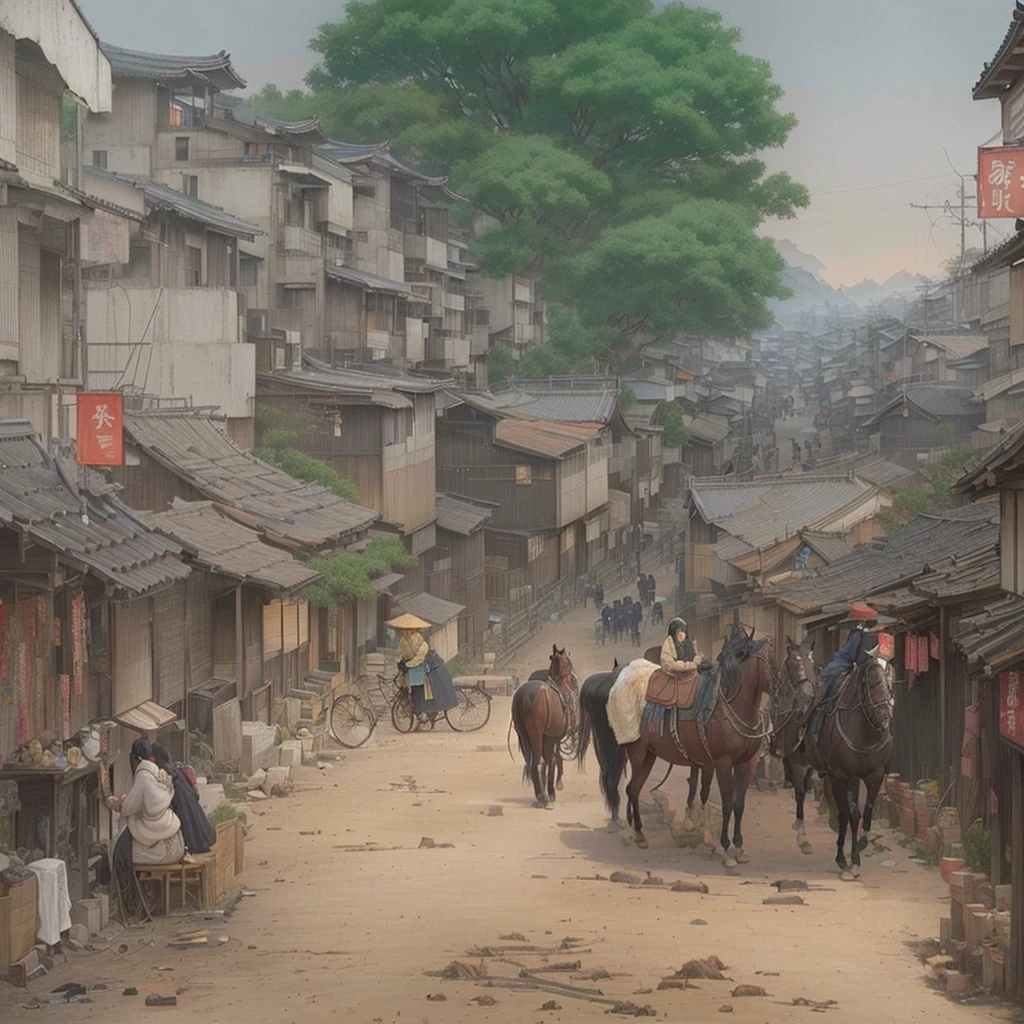 Horses and People々A painting depicting a village with, Old Asian Village, Chinese Village, The ancient street behind her, Beautiful renderings of the Tang Dynasty, Yoon Doo-seo, Written by Nie Yuanlu, By Liu Jue, by Cheng Zhengkui, Streets of Baldur's Gate, Luan Jia, bo xun ling, by Li ZaiBlazing flames, fire, crowd, throng, freezing, mother warming her baby.Scenery and Cityscape in the Early Meiji Era After the Meiji Restoration, Japan underwent rapid modernization and civilization. Consequently, many changes and reforms occurred. Below is a detailed explanation of the scenery, appearance of the poor, occupations, and cityscapes in the early Meiji period (1868 to the early 1880s). 2. Appearance of the Poor Life for the impoverished and lower classes remained harsh. In particular, in urban areas, people migrated from rural areas or unemployed artisans gathered, intensifying competition in the labor market. Many of them struggled with poverty, often residing in slums or around temples. 3. Occupations Meiji early Japan witnessed a diversification of occupations. Traditional agriculture and handicrafts were accompanied by the rise of modern industry and commerce. Particularly in urban areas, factory workers, shop clerks, and transporters increased, giving rise to new professions. However, many in these occupations endured harsh working conditions. 4. Influence of Civilization and Enlightenment During the Meiji era, Western cultural influences spread rapidly. Changes in clothing, dietary habits, and the proliferation of Western-style architecture advanced, especially in urban areas. Conversely, this development posed a threat to traditional culture and lifestyles, resulting in societal upheaval and adaptation challenges. 5. Social Change and Policy Influence While promoting modernization policies, the government also addressed poverty and social issues. Legislation for labor protection and charitable activities to aid the poor were implemented. Nevertheless, living conditions for the impoverished scarcely improved. The early Meiji period marked a rapid transformation in Japan, with complex social landscapes involvin