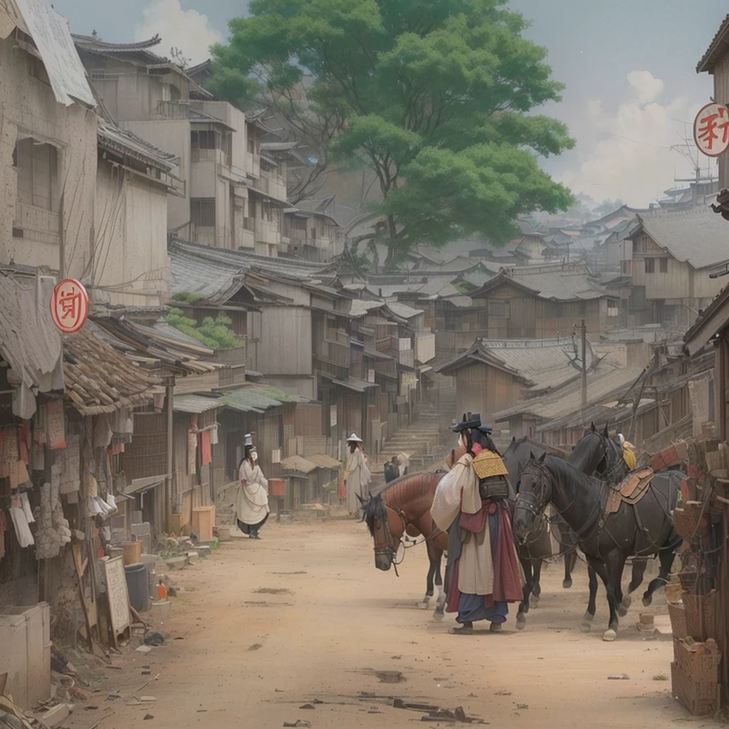 Horses and People々A painting depicting a village with, Old Asian Village, Chinese Village, The ancient street behind her, Beautiful renderings of the Tang Dynasty, Yoon Doo-seo, Written by Nie Yuanlu, By Liu Jue, by Cheng Zhengkui, Streets of Baldur's Gate, Luan Jia, bo xun ling, by Li ZaiBlazing flames, fire, crowd, throng, freezing, mother warming her baby.Scenery and Cityscape in the Early Meiji Era After the Meiji Restoration, Japan underwent rapid modernization and civilization. Consequently, many changes and reforms occurred. Below is a detailed explanation of the scenery, appearance of the poor, occupations, and cityscapes in the early Meiji period (1868 to the early 1880s). 2. Appearance of the Poor Life for the impoverished and lower classes remained harsh. In particular, in urban areas, people migrated from rural areas or unemployed artisans gathered, intensifying competition in the labor market. Many of them struggled with poverty, often residing in slums or around temples. 3. Occupations Meiji early Japan witnessed a diversification of occupations. Traditional agriculture and handicrafts were accompanied by the rise of modern industry and commerce. Particularly in urban areas, factory workers, shop clerks, and transporters increased, giving rise to new professions. However, many in these occupations endured harsh working conditions. 4. Influence of Civilization and Enlightenment During the Meiji era, Western cultural influences spread rapidly. Changes in clothing, dietary habits, and the proliferation of Western-style architecture advanced, especially in urban areas. Conversely, this development posed a threat to traditional culture and lifestyles, resulting in societal upheaval and adaptation challenges. 5. Social Change and Policy Influence While promoting modernization policies, the government also addressed poverty and social issues. Legislation for labor protection and charitable activities to aid the poor were implemented. Nevertheless, living conditions for the impoverished scarcely improved. The early Meiji period marked a rapid transformation in Japan, with complex social landscapes involvin