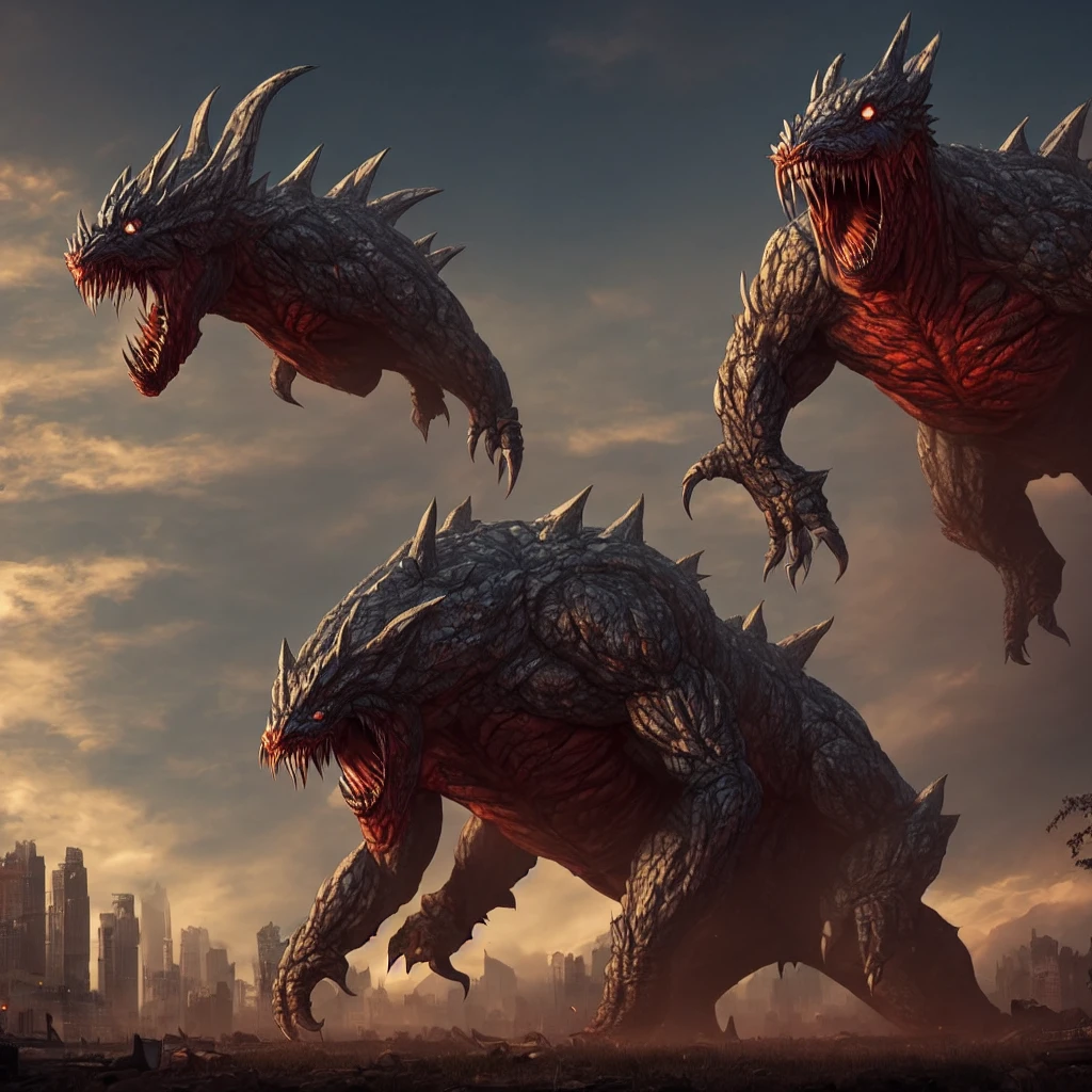 a giant terrifying kaiju monster, photorealistic, 8k, highly detailed, intricate, muscular anatomy, glowing eyes, sharp fangs, claws, scales, destructive power, towering over the city, urban landscape, cloudy sky, cinematic lighting, moody atmosphere, dark color palette