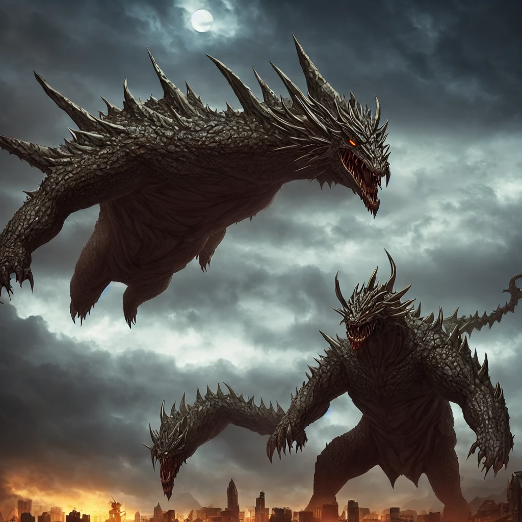 a giant terrifying kaiju monster, photorealistic, 8k, highly detailed, intricate, muscular anatomy, glowing eyes, sharp fangs, claws, scales, destructive power, towering over the city, urban landscape, cloudy sky, cinematic lighting, moody atmosphere, dark color palette