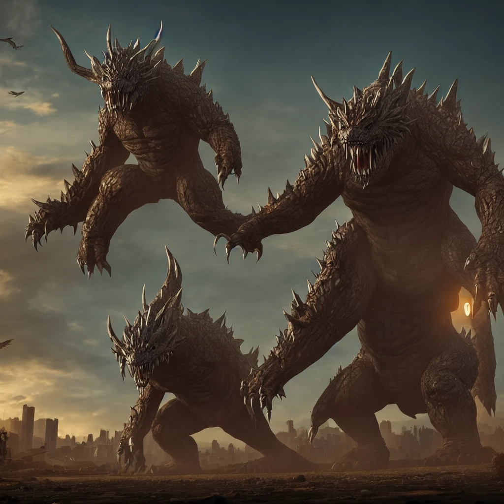 a giant terrifying kaiju monster, photorealistic, 8k, highly detailed, intricate, muscular anatomy, glowing eyes, sharp fangs, claws, scales, destructive power, towering over the city, urban landscape, cloudy sky, cinematic lighting, moody atmosphere, dark color palette