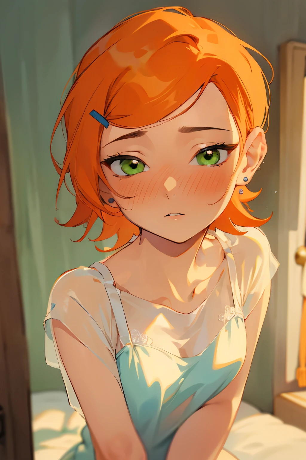 (masterpiece, best quality), 1girl(beautiful face, gwendolyn_tennyson, breasts, naked body, orange hair,  short hair, green eyes, half-closed eyes),detailed face, a come-hither face, parted lips, solo,  , , see-through nightgown, in the  bedroom, night time, kabedon pov, kabedon against wall, standing , , top view 