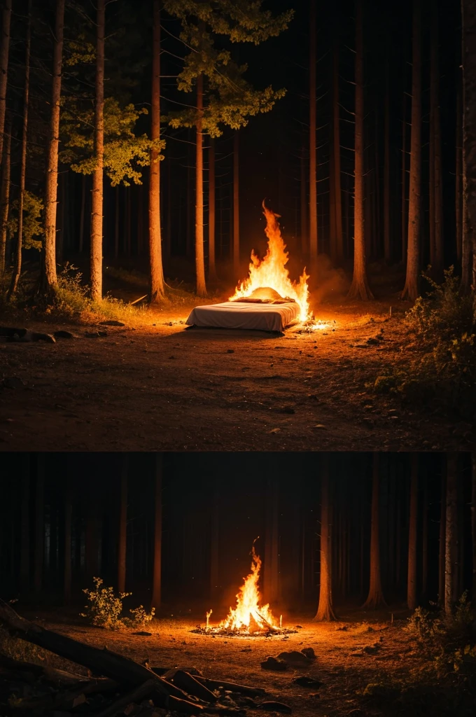 A bed on fire in a forest at night