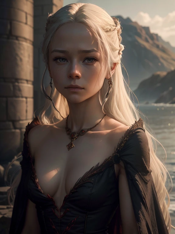 Rhaenyra, completely naked, nude, dragonstone castle in background, extremely detailed face and body, beautiful detailed eyes, beautiful detailed lips, slim body, brown nipples, vagina, labia, extremely detailed skin, flawless skin, hyper realistic, photorealistic, 8k, high quality, intricate details, cinematic lighting, dramatic lighting, atmospheric, moody, dark fantasy, fantasy, dramatic),