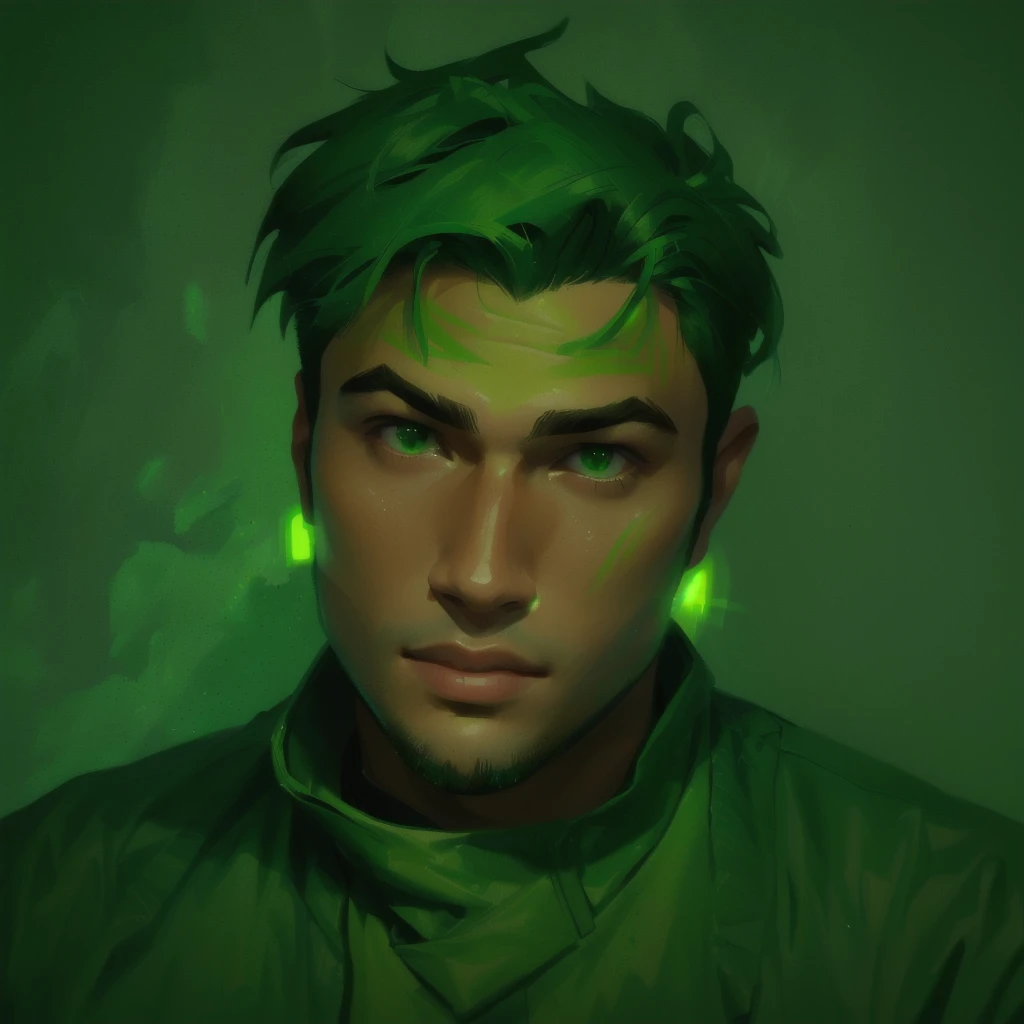 there is a 19 year old young man with green background and green wall, gunfire, dan dos santos, profile imageture 1024px, profile image, very dark with green lights, profile image,  profile pic, profile pic, caio santos, headshot, half body head shot, photo of a man